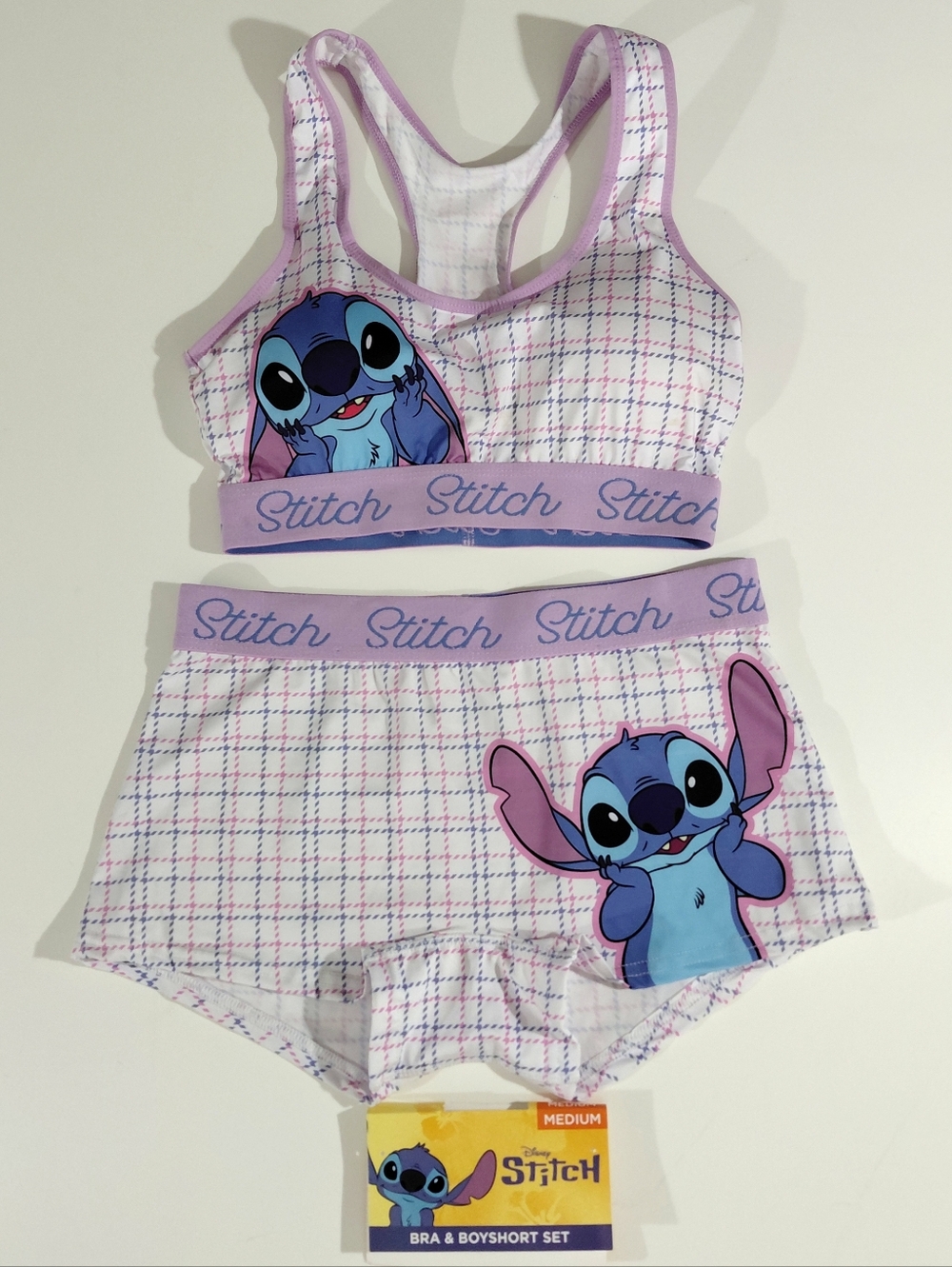 New Disney Stitch Bra & Boyshort Set Size Medium Pink Purple Soft Comfortable